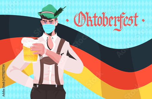 man holding beer mugs Oktoberfest party festival celebration waiter wearing mask to prevent coronavirus pandemic portrait horizontal vector illustration