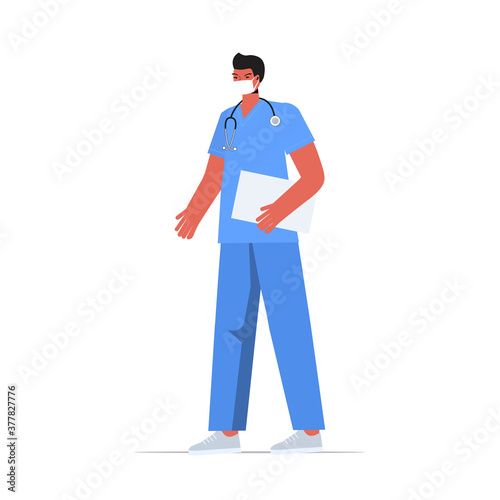 male doctor in uniform wearing mask to prevent coronavirus pandemic labor day celebration concept full length isolated vector illustration