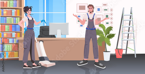 professional cleaners janitors couple cleaning and disinfecting floor to prevent coronavirus pandemic modern office interior horizontal full length vector illustration