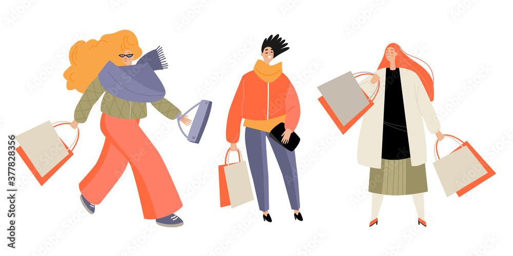 Set of vector illustrations of girls with shopping bags. Autumn sale