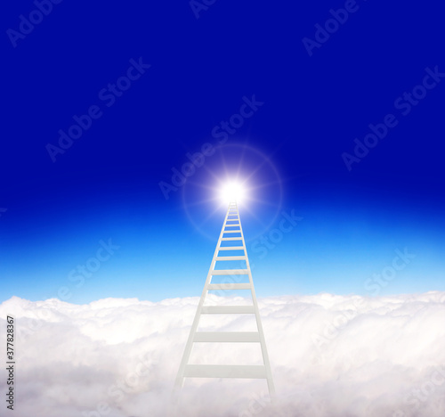 Horizontal banner with stair and clouds on blue sky background