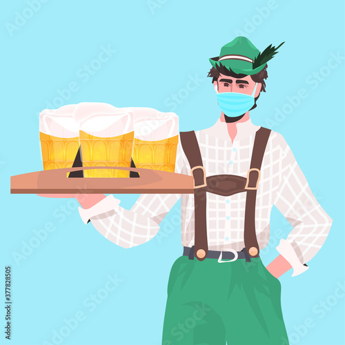 man holding beer mugs Oktoberfest party festival celebration waiter wearing mask to prevent coronavirus pandemic portrait vector illustration