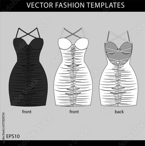 mini dress  fashion flat sketch template, ruched mini dress front and back