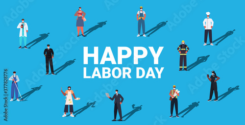 people of different occupations celebrating labor day mix race workers wearing masks to prevent coronavirus pandemic full length horizontal isometric vector illustration