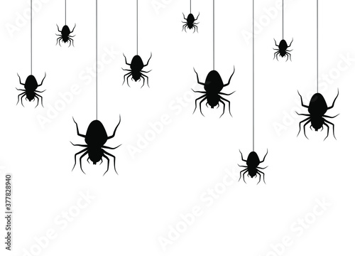 Vector isolated drawing with hanging spiders for decoration and covering. Creepy Halloween background. Black.