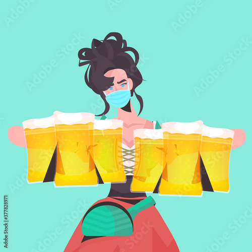 woman holding beer mugs Oktoberfest party festival celebration waitress wearing mask to prevent coronavirus pandemic portrait vector illustration