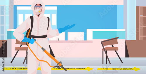 professional cleaner in hazmat suit janitor cleaning and disinfecting coronavirus cells hospital corridor interior horizontal portrait vector illustration