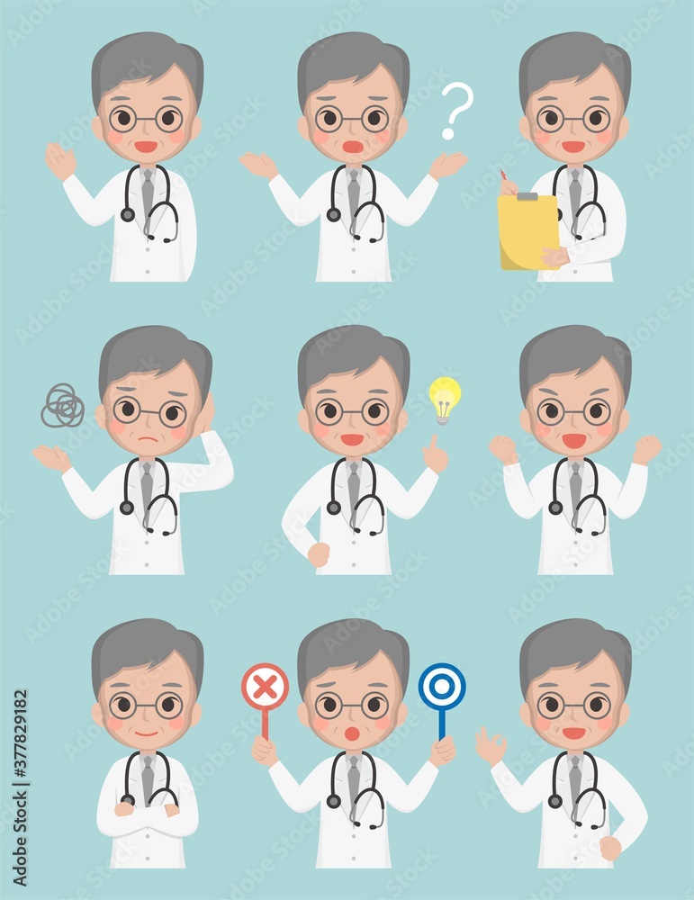 Older medical worker, male doctor, medical, paramedic, isolated on background, flat cartoon comic vector illustration, emoji, action, set Older medical worker, male doctor, medical, paramedic, isolated on background, flat cartoon comic vector illustration, emoji, action, set