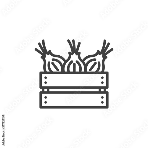 Onion harvest box line icon. linear style sign for mobile concept and web design. Onion crate box outline vector icon. Symbol, logo illustration. Vector graphics