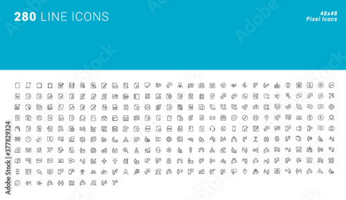 Set of thin line icons of business and office, project development and teamwork, digital communications, business people concepts. Pixel perfect icons for graphic and web design.