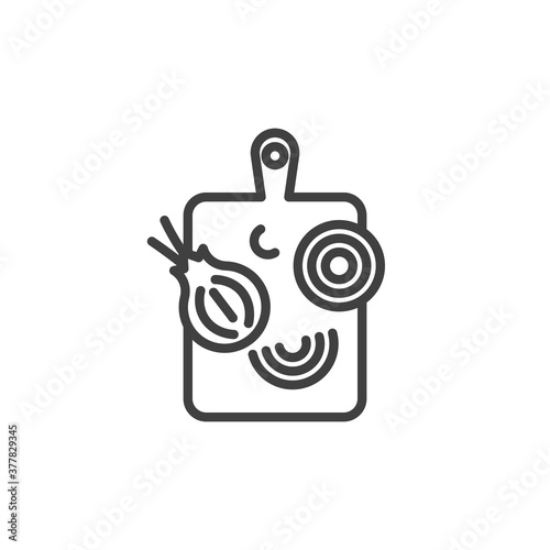Onion cut line icon. linear style sign for mobile concept and web design. Cutting board with onions outline vector icon. Symbol, logo illustration. Vector graphics