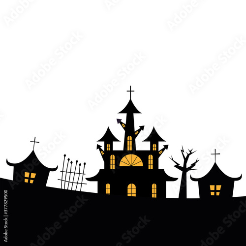 Halloween houses with tree and gate vector design