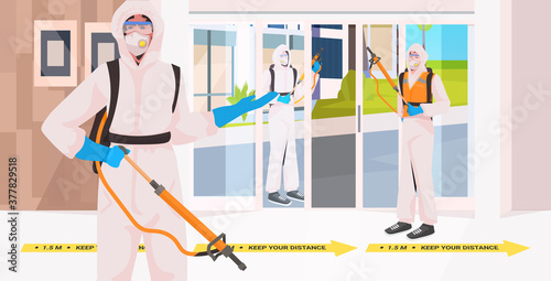 professional cleaners in hazmat suits janitors team cleaning and disinfecting floor to prevent coronavirus pandemic office corridor interior horizontal vector illustration