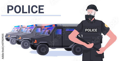 policeman in full tactical gear riot police officer holding baton protesters and demonstration riots mass control concept portrait horizontal vector illustration