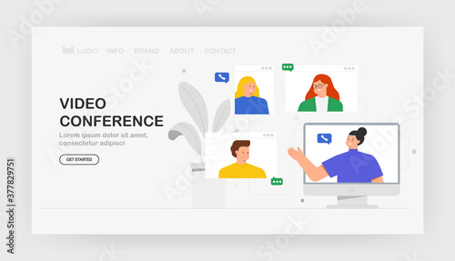 Modern communication vector trendy illustration video call concept, banner, web. Young man and women using video calling and messaging talking internet app on laptop or smartphone. Flat cartoon style.
