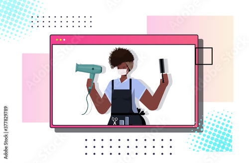 hairdresser in web browser window wearing mask to prevent coronavirus pandemic self isolation online communication concept horizontal portrait vector illustration