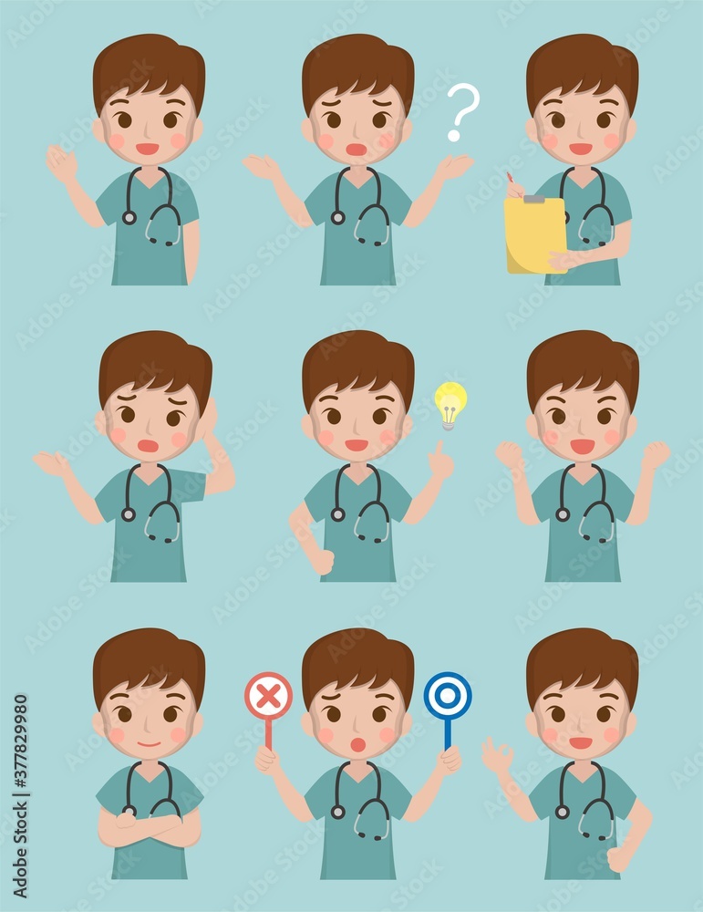 Young medical worker, male nurse, surgical staff, medical, medical staff, isolated on background, flat cartoon comic vector illustration, emoji, action, set Young medical worker, male nurse, surgical staff, medical, medical staff, isolated on background, flat cartoon comic vector illustration, emoji, action, set