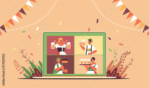 people on laptop sreen holding beer mugs Oktoberfest party celebration online communication self isolation concept horizontal portrait vector illustration