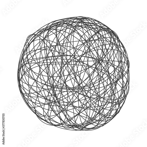 Tangle chaos abstract hand drawn messy scribble sphere ball vector illustration. Random chaotic dynamic scrawl lines. Wild emotion irregular pattern isolated on white background.