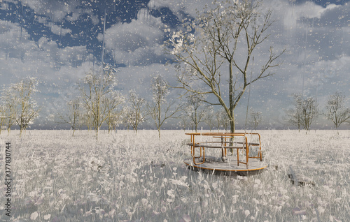 Empty playground roundabout at snow