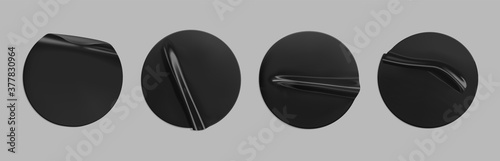 Black glued round crumpled sticker mockup set. Adhesive clear black paper or plastic stickers label with glued, wrinkled effect on grey background. Templates label or price tags. 3d realistic vector