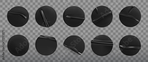 Black glued round crumpled sticker mockup set. Adhesive clear black paper or plastic stickers label with glued, wrinkled effect on grey background. Templates label or price tags. 3d realistic vector