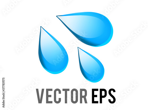 Vector three light blue droplets emoji icon, as sweat beads, splashing down to right
