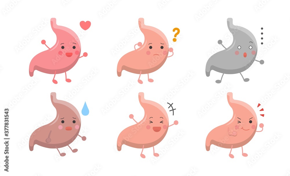 Human organs stomach, expressions and actions set Human organs stomach, expressions and actions set