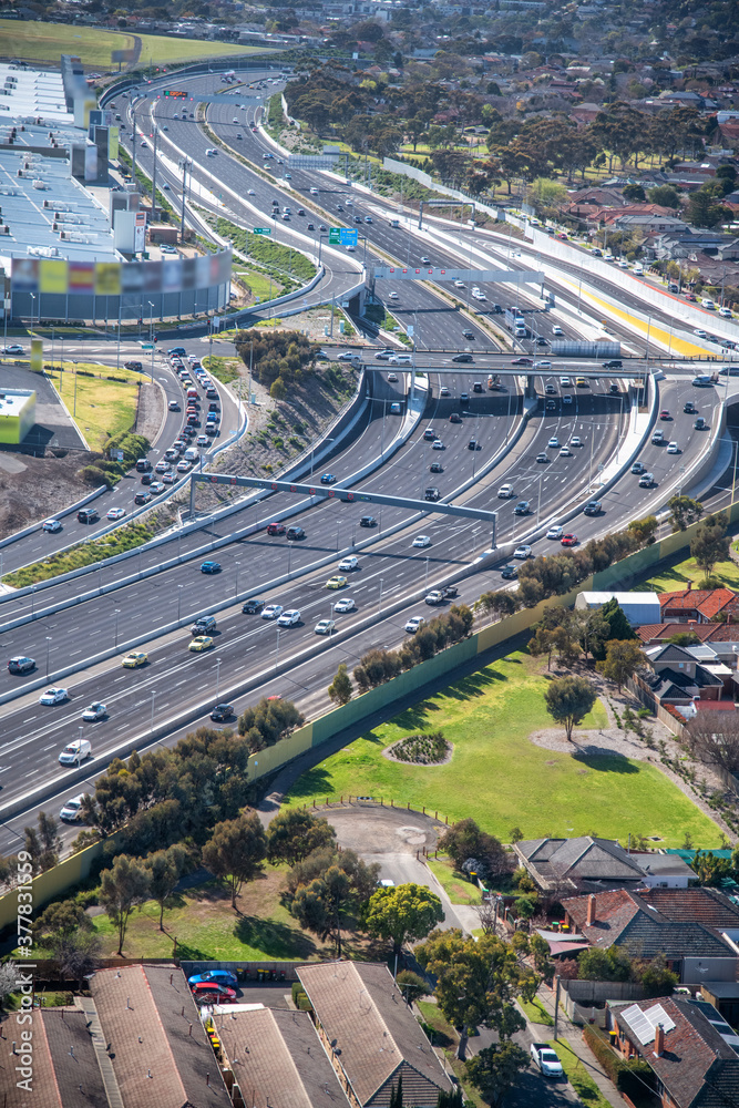Australian interstate traffic, aerial view on a sunny day Australian interstate traffic, aerial view on a sunny day