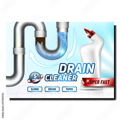 Drain Cleaner Creative Promotional Poster Vector. Clogged Pipe Washing Cleaner Detergent Blank Bottle Advertising Marketing Banner. Cleaning Effect Style Color Concept Template Illustration