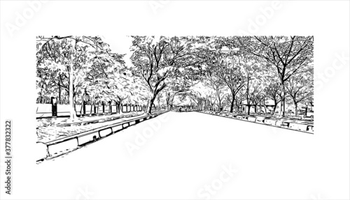 Building view with landmark of Banda Aceh is the capital and largest city in the province of Aceh, Indonesia. Hand drawn sketch illustration in vector.