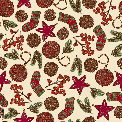 Winter seamless vector pattern. Christmas, holiday, new year design for packaging. fabrics, decor, scrapbooking. Illustration of gingerbread, pine cones, Christmas toys, fir tree branches
