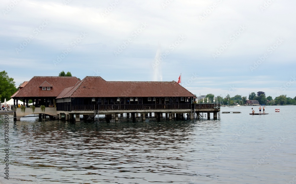 View on the wooden Badhutte in Rorschach, canton of St. Gallen in Switzerland during summer sunny day situated on the south side of Lake Constance, Bodensee.