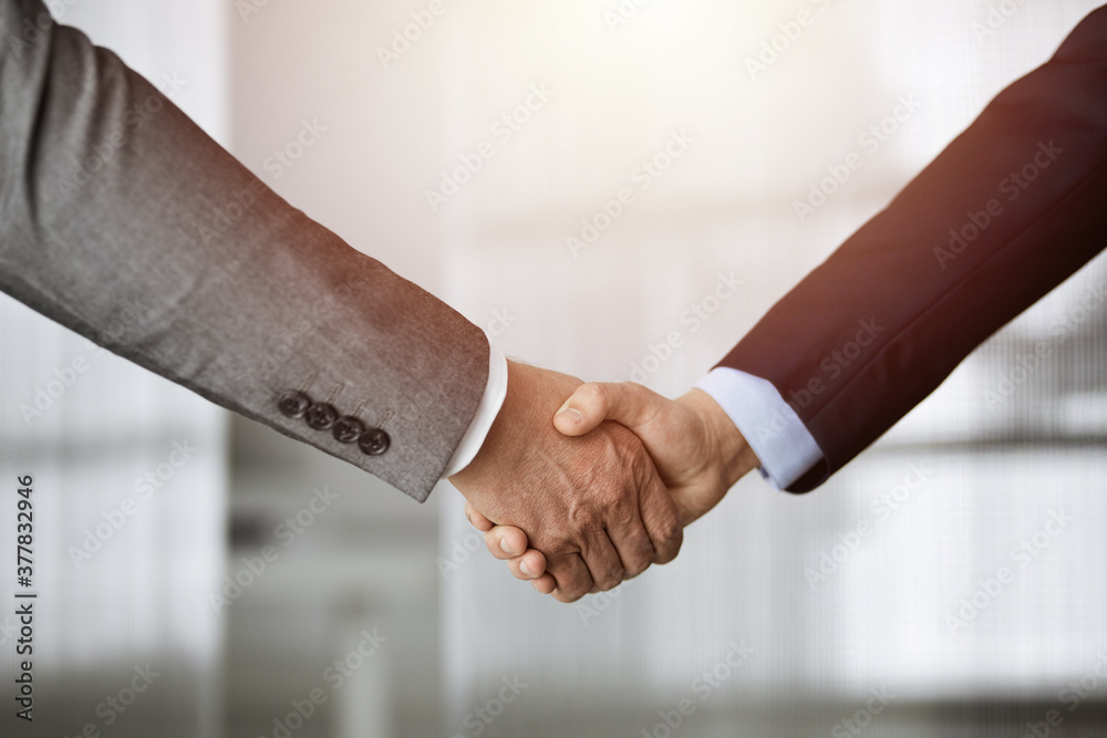 Business people standing and shaking hands in sunny office, close-up. Handshake and marketing Business people standing and shaking hands in sunny office, close-up. Handshake and marketing