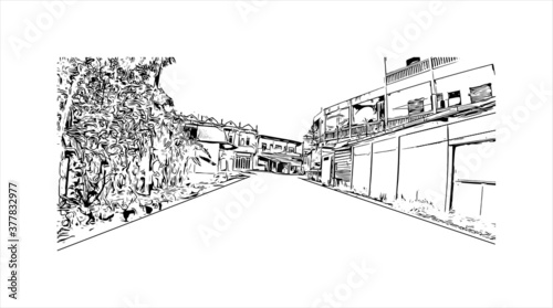 Building view with landmark of Banda Aceh is the capital and largest city in the province of Aceh, Indonesia. Hand drawn sketch illustration in vector.