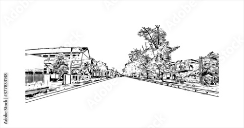 Building view with landmark of Banda Aceh is the capital and largest city in the province of Aceh, Indonesia. Hand drawn sketch illustration in vector.