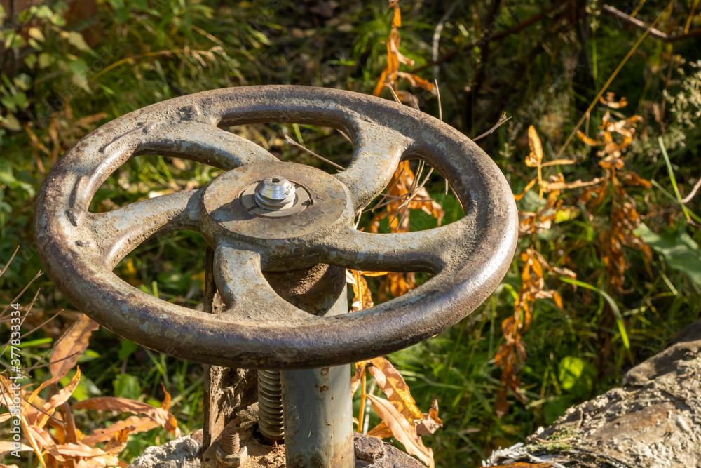 Old rusty valve close up on greenery background. Old rusty valve close up on greenery background.