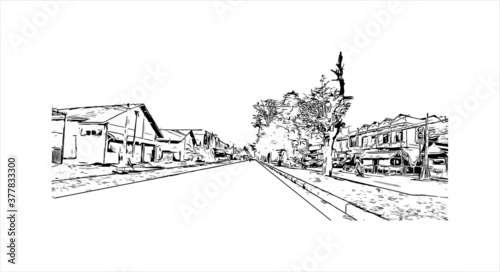 Building view with landmark of Banda Aceh is the capital and largest city in the province of Aceh, Indonesia. Hand drawn sketch illustration in vector.