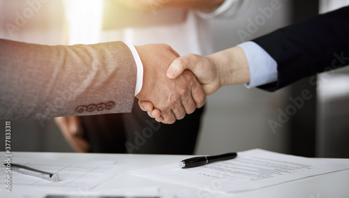 Business people shaking hands finishing contract signing in sunny office, close-up. Handshake and marketing