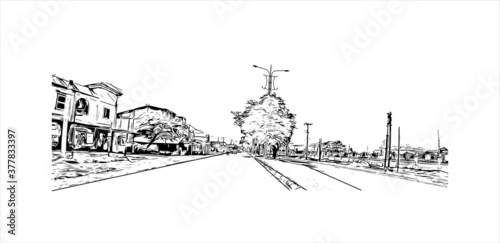 Building view with landmark of Banda Aceh is the capital and largest city in the province of Aceh, Indonesia. Hand drawn sketch illustration in vector.