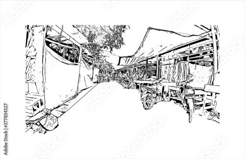 Building view with landmark of Banda Aceh is the capital and largest city in the province of Aceh, Indonesia. Hand drawn sketch illustration in vector.