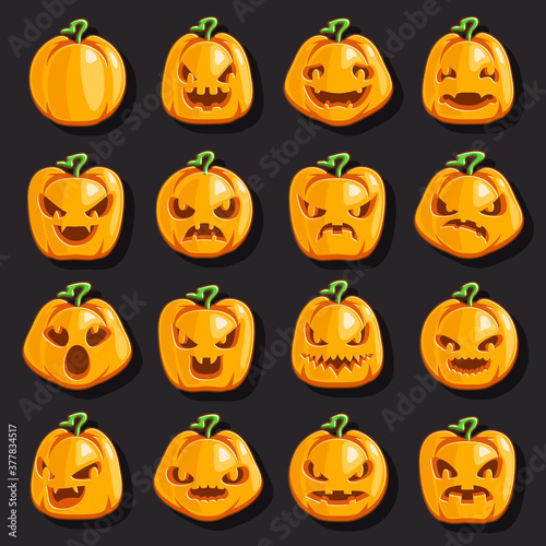 Halloween jack o lantern pumpkin scary faces smile decoration emoji icons set isolated cartoon design vector illustration