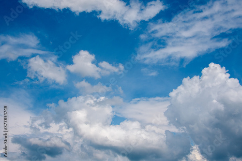 white fluffy clouds on blue sky in summer