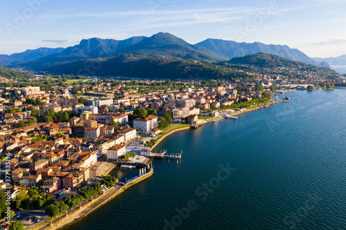 Aerial view of Luino, is small town on the shore of Lake Maggiore in province of Varese, Italy