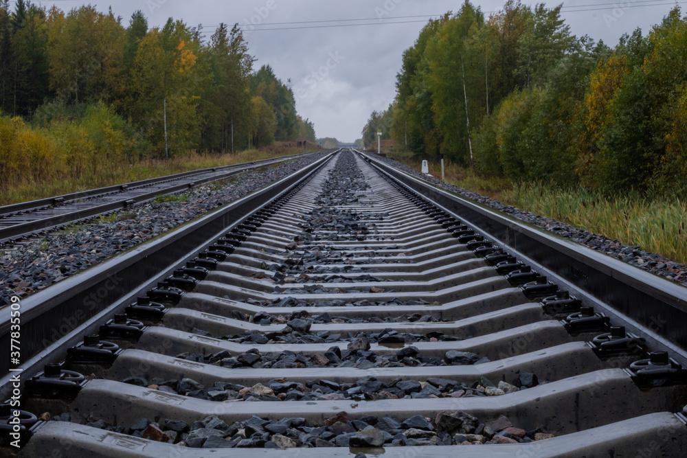 Fototapeta premium Railroad. Railroad tracks made of metal and concrete.