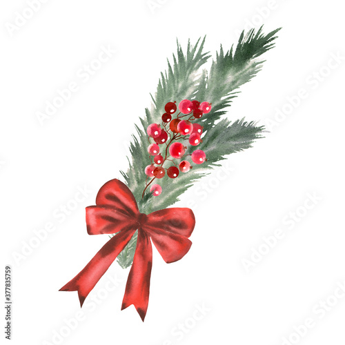 Hand paint watercolor Christmas illustrationt of spruce branch, poinsettia, holly and red berries on white background. Perfect for winter holidays design: greeting cards, prints, packaging and more. 