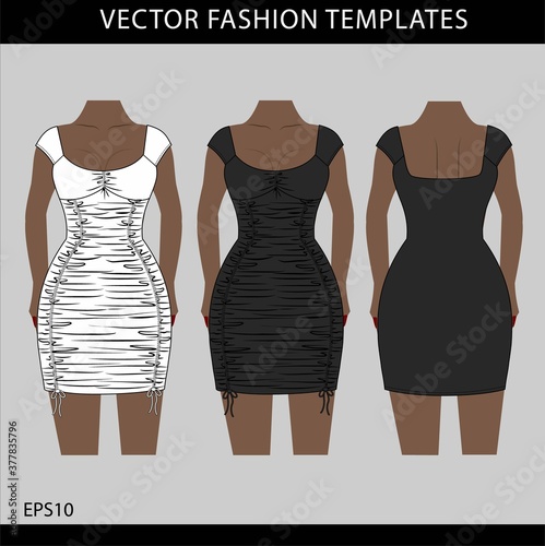 mini dress  fashion flat sketch template, ruched mini dress front and back