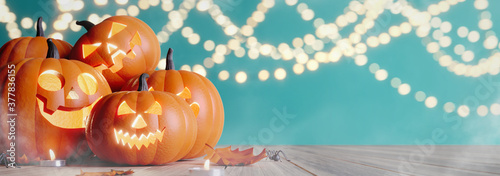 Halloween party. Jack O Lanterns on wood with bokeh  background. 3d illustration photo