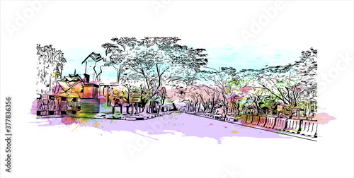 Building view with landmark of Banda Aceh is the capital and largest city in the province of Aceh, Indonesia. Watercolor splash with hand drawn sketch illustration in vector.