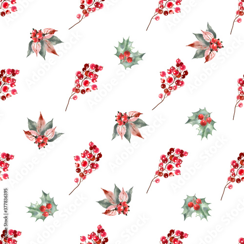 Hand paint watercolor Christmas seamless pattern with poinsettia, holly and red berries, isolated on white background. Perfect for winter holidays design: wrappers, textile, greeting card, invitations